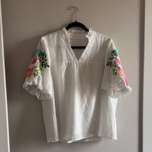 Embroidered White Blouse with Floral Accents